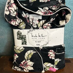 Nicole Miller Black Velvet Fleece Pajama Set with Floral Accents